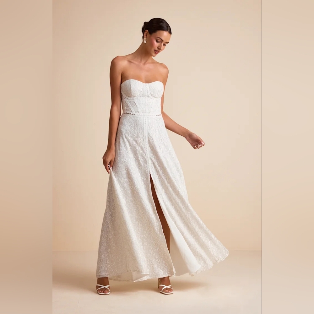 Lulus Eldoria White Lace Strapless Bustier Maxi Dress S Wedding Bridal Party - Picture 2 of 11